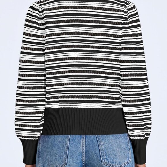 Womens Cropped Sweater Ribbed Knit V Neck Puff Sleeve Bow Tie Trendy Pullover - Picture 5 of 5